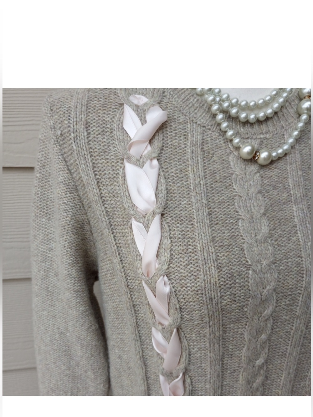 Forward Young Contemporary Taupe and Pastel Pink Ribbon Corset Bow Sweater - Picture 2 of 6